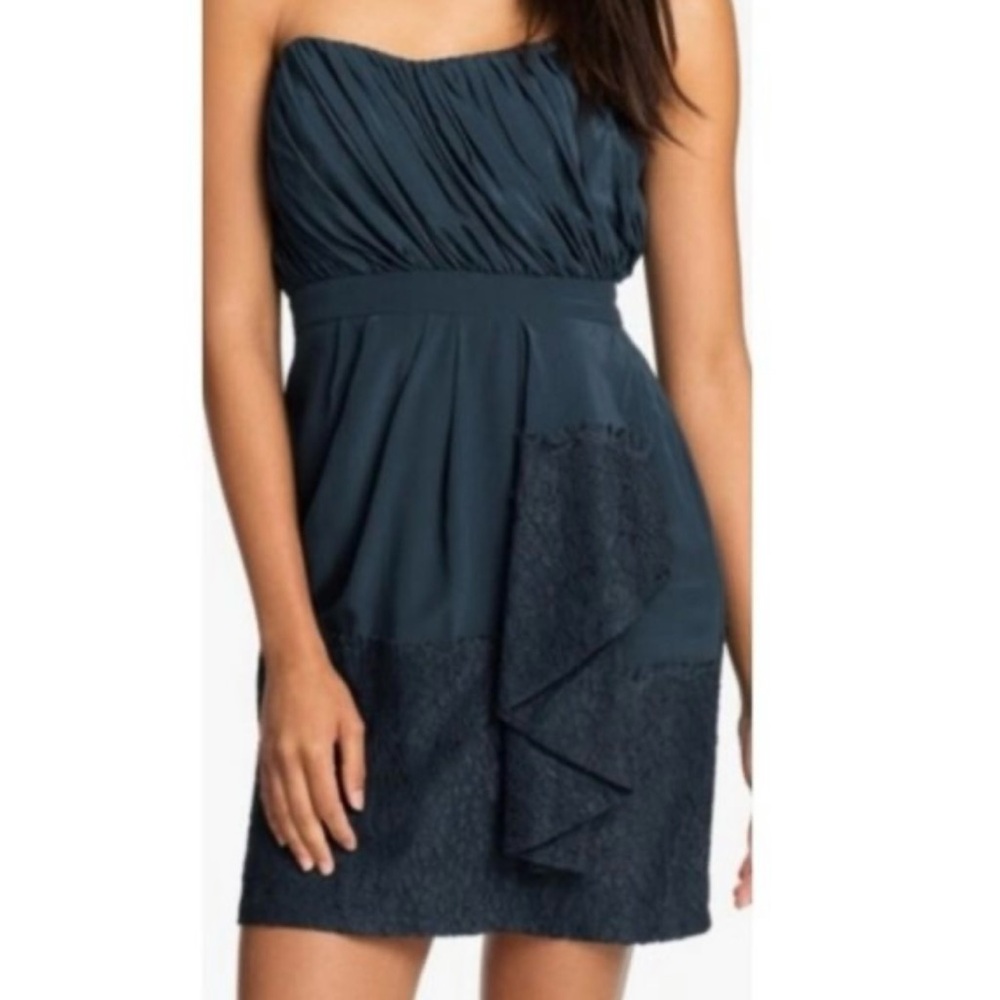 Shoshanna | Teal Silk Strapless Feminine Chic Cocktail Midi Dress Size 6